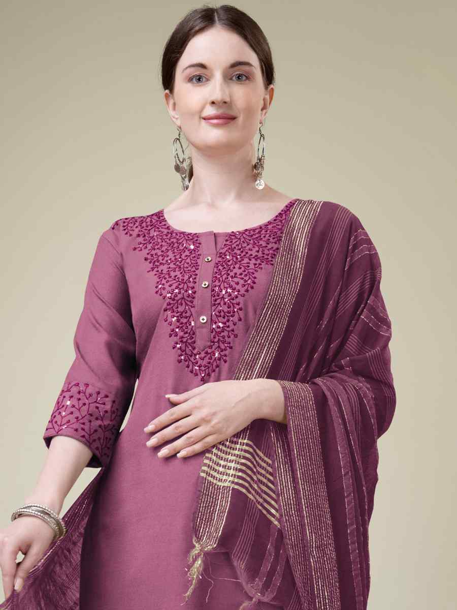 Wine Cotton Blend Embroidered Festival Casual Ready Pant Salwar Kameez