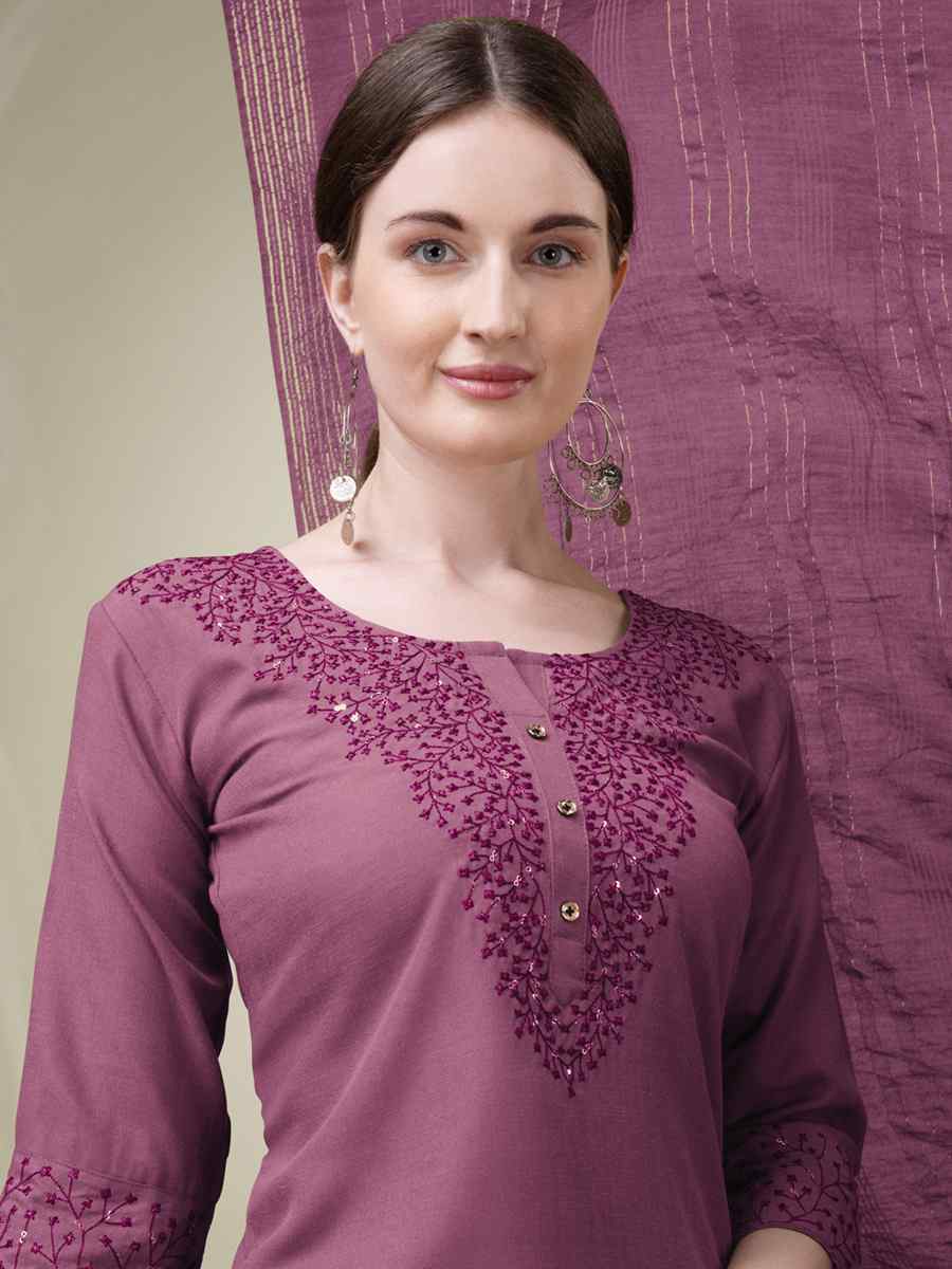 Wine Cotton Blend Embroidered Festival Casual Ready Pant Salwar Kameez