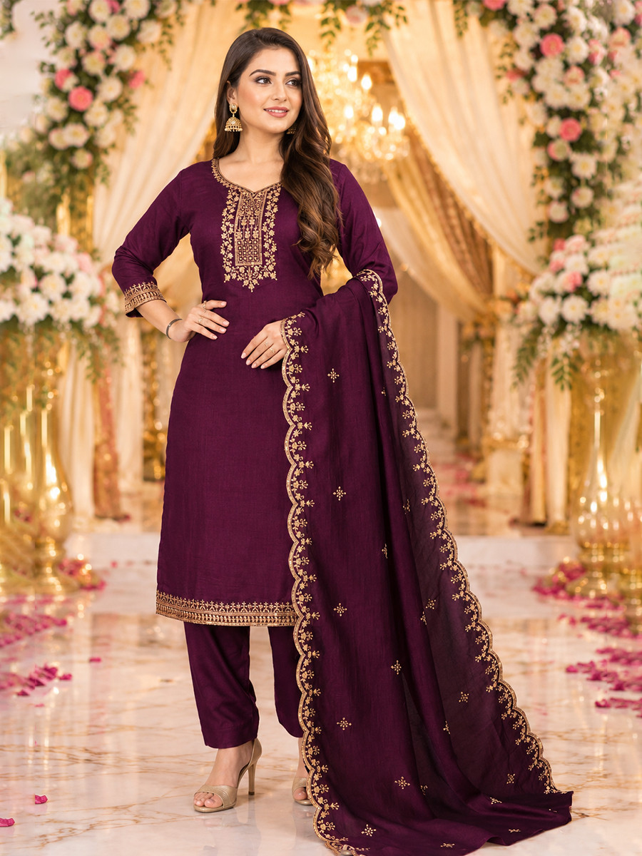 Wine Cotton Blend Embroidery Wedding Party Festival Casual Ready Pant Salwar Kameez