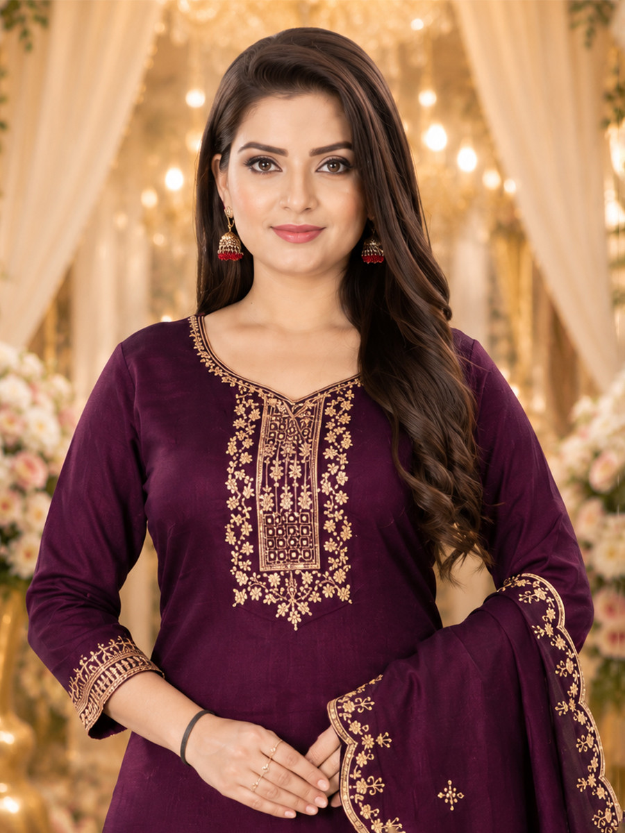 Wine Cotton Blend Embroidery Wedding Party Festival Casual Ready Pant Salwar Kameez