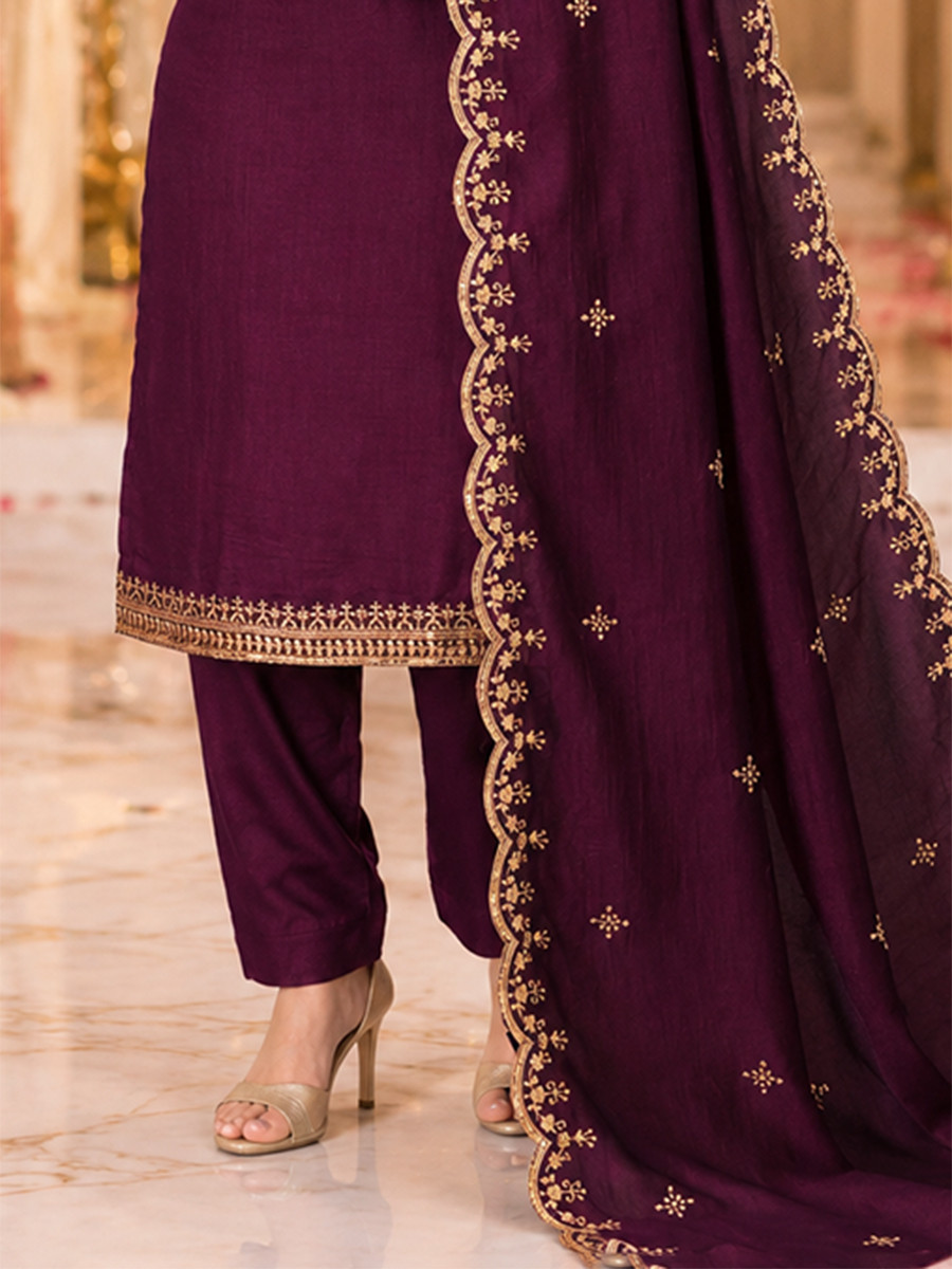 Wine Cotton Blend Embroidery Wedding Party Festival Casual Ready Pant Salwar Kameez