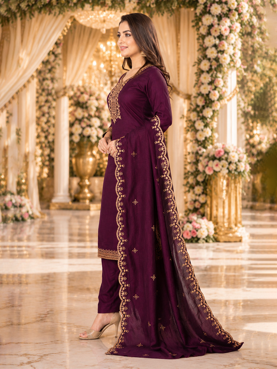 Wine Cotton Blend Embroidery Wedding Party Festival Casual Ready Pant Salwar Kameez