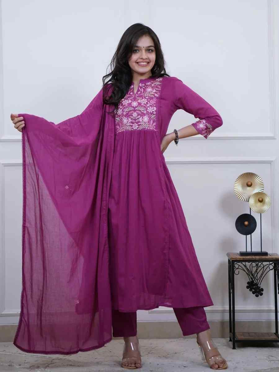 Wine Cotton Embroidered Festival WeddingPant Salwar Kameez