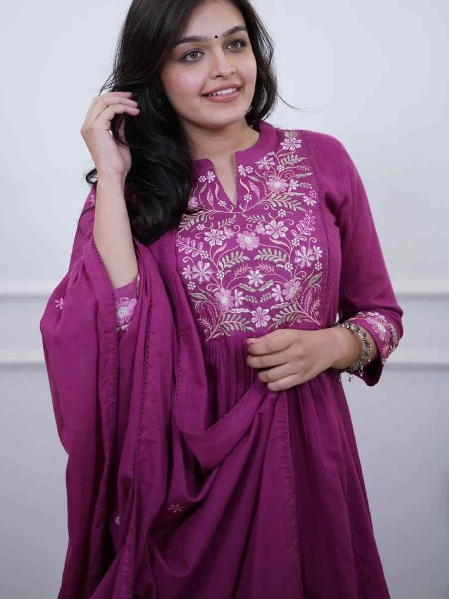 Wine Cotton Embroidered Festival WeddingPant Salwar Kameez