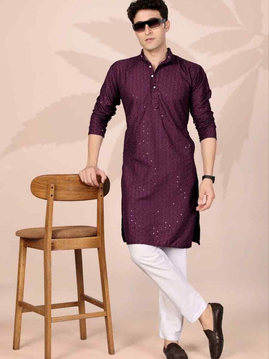 Wine Cotton Embroidery Festival Wedding Party Mens Kurta