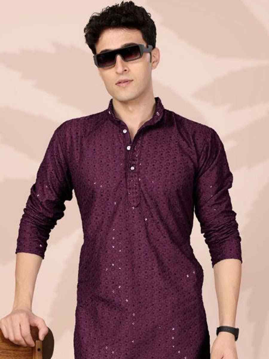 Wine Cotton Embroidery Festival Wedding Party Mens Kurta