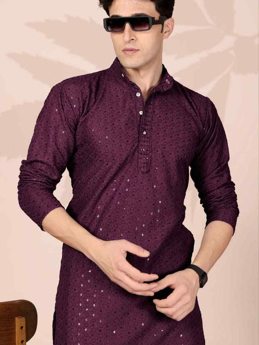 Wine Cotton Embroidery Festival Wedding Party Mens Kurta