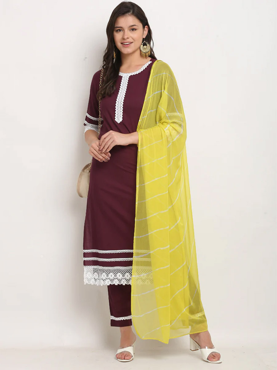 Wine Cotton Printed Casual Festival Ready Pant Salwar Kameez