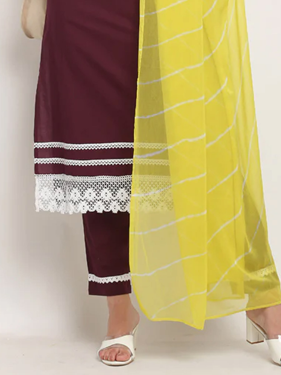 Wine Cotton Printed Casual Festival Ready Pant Salwar Kameez