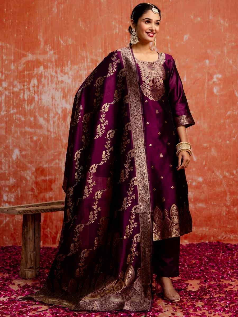 Wine Cotton Silk Blend  Embroidered Festival Wedding Ready Pant Salwar Kameez