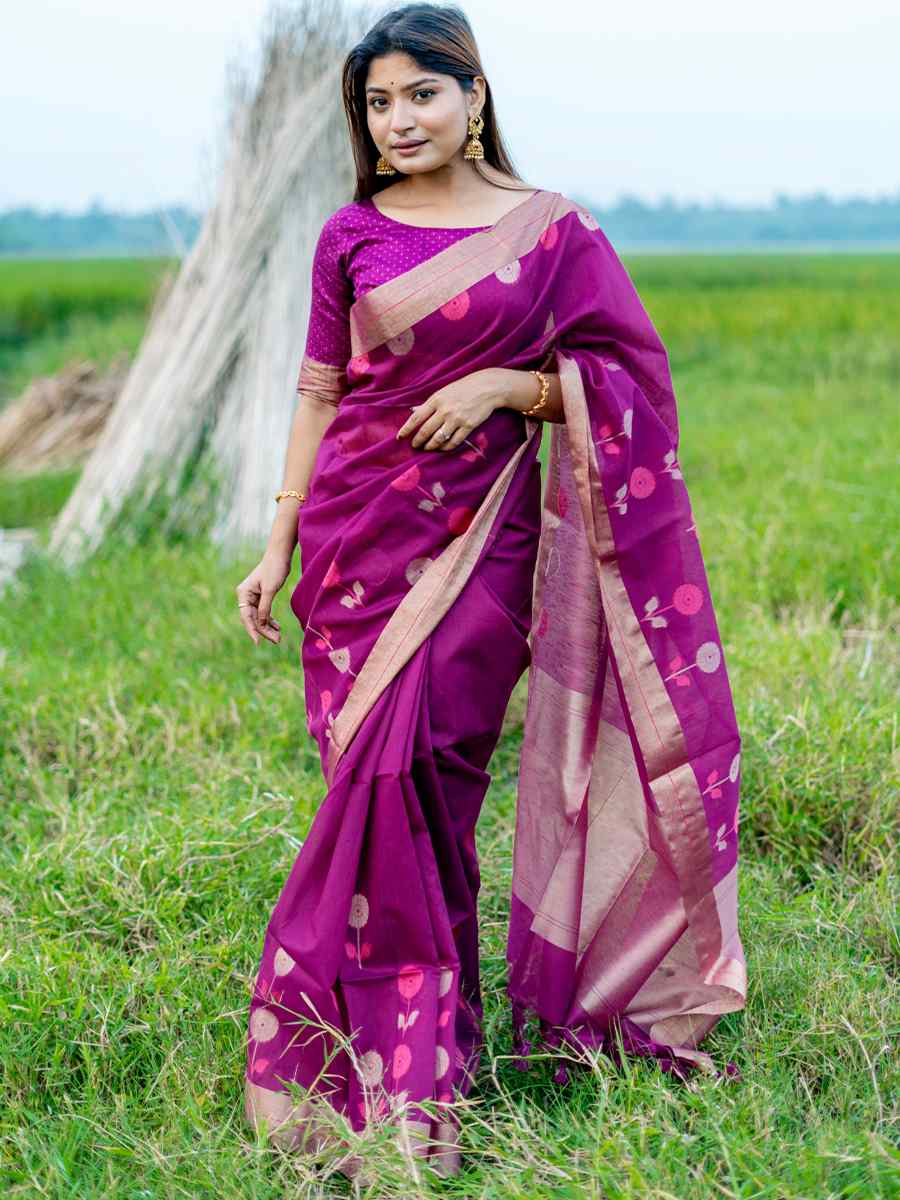 Wine Cotton Silk Handwoven Casual Festival Classic Style Saree