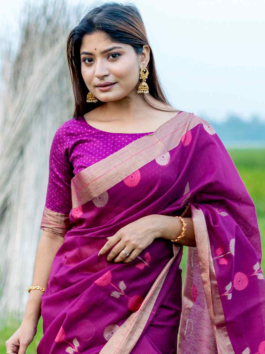 Wine Cotton Silk Handwoven Casual Festival Classic Style Saree