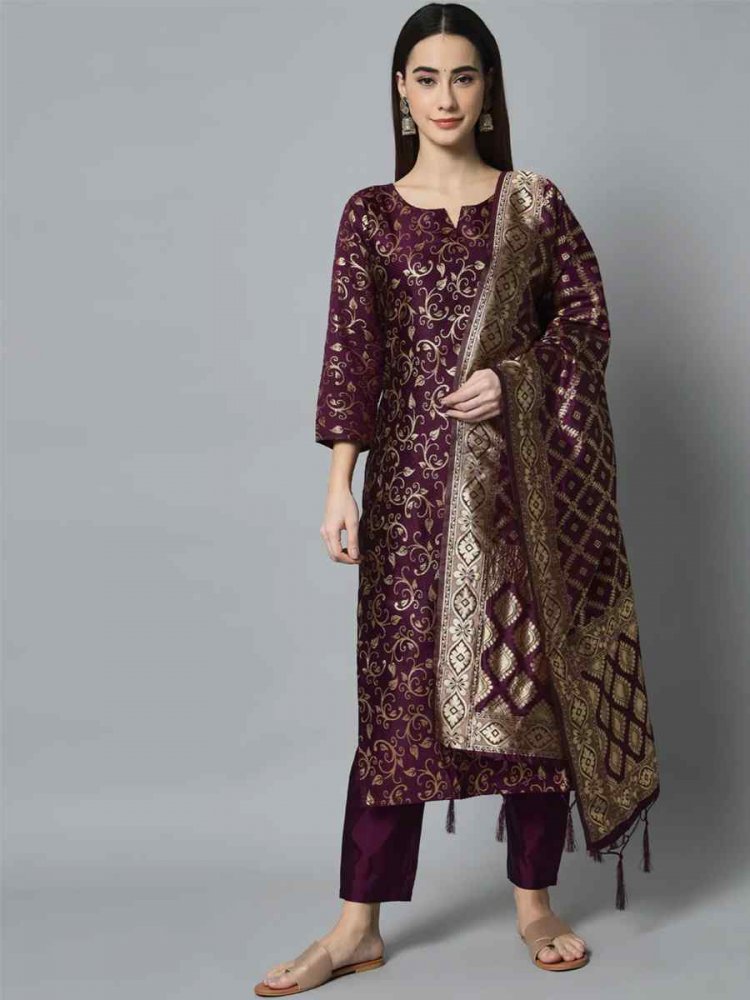 Wine Cotton Silk Handwoven Festival Mehendi Ready Pant Salwar Kameez
