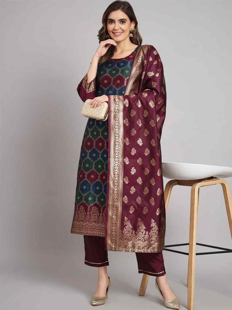 Wine Cotton Silk Jacquard Handwoven Festival Mehendi Ready Pant Salwar Kameez