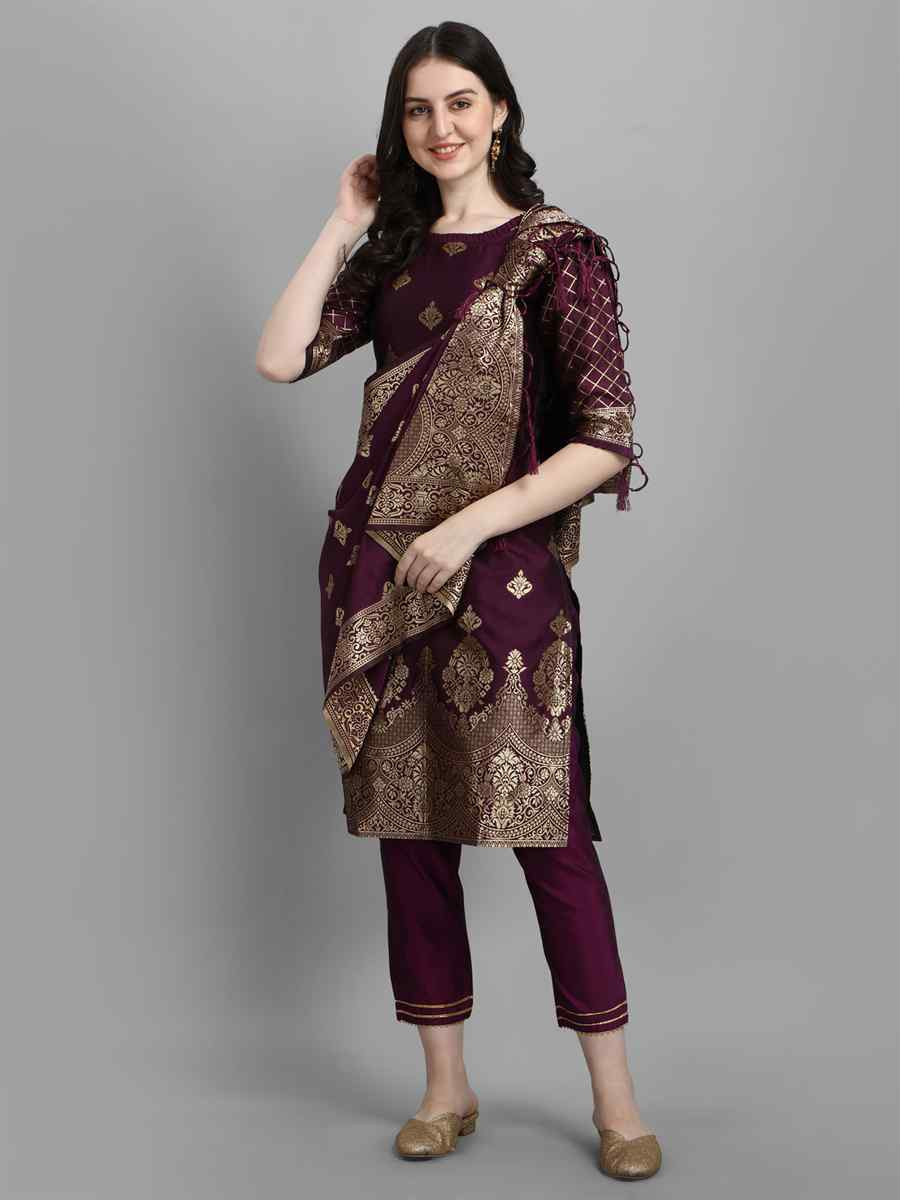 Wine Cotton Silk Jacquard Handwoven Party Wedding Festival Casual Ready Pant Salwar Kameez
