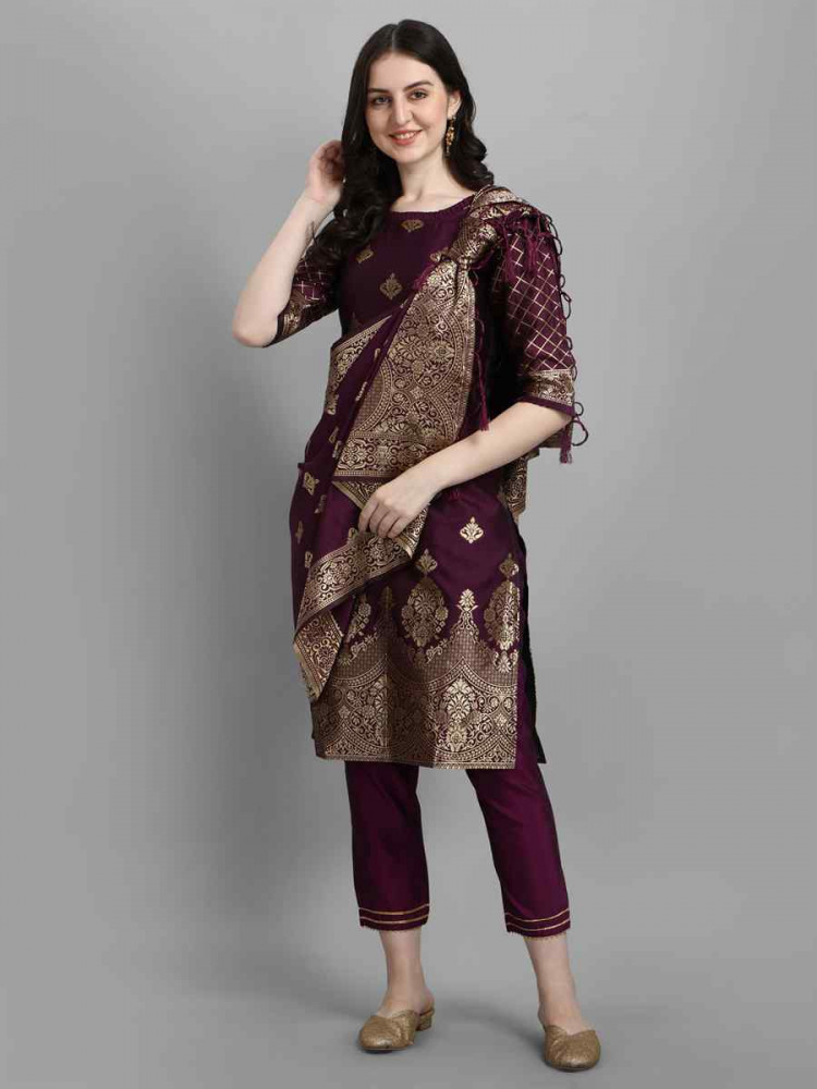 Image of Wine Cotton Silk Jacquard Handwoven Party Wedding Festival Casual Ready Pant Salwar Kameez