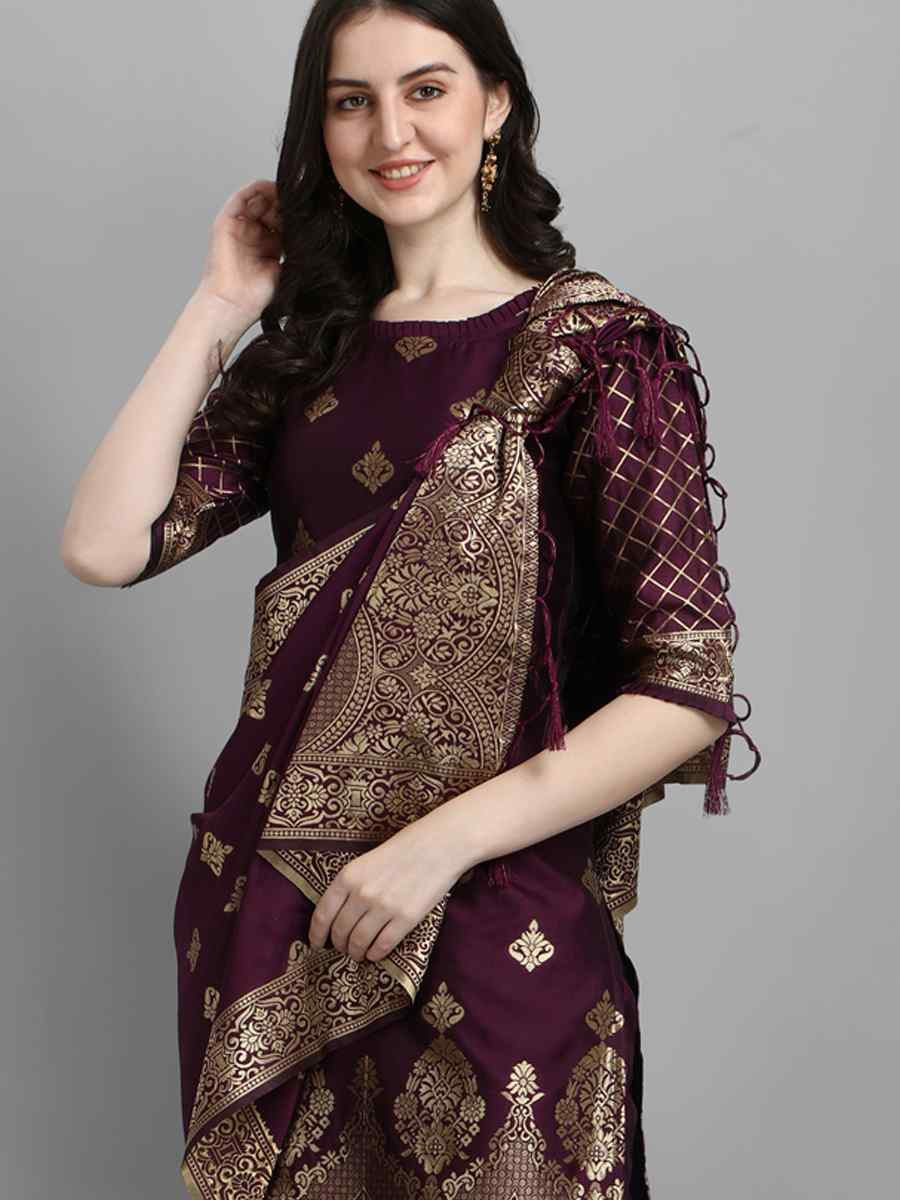 Wine Cotton Silk Jacquard Handwoven Party Wedding Festival Casual Ready Pant Salwar Kameez