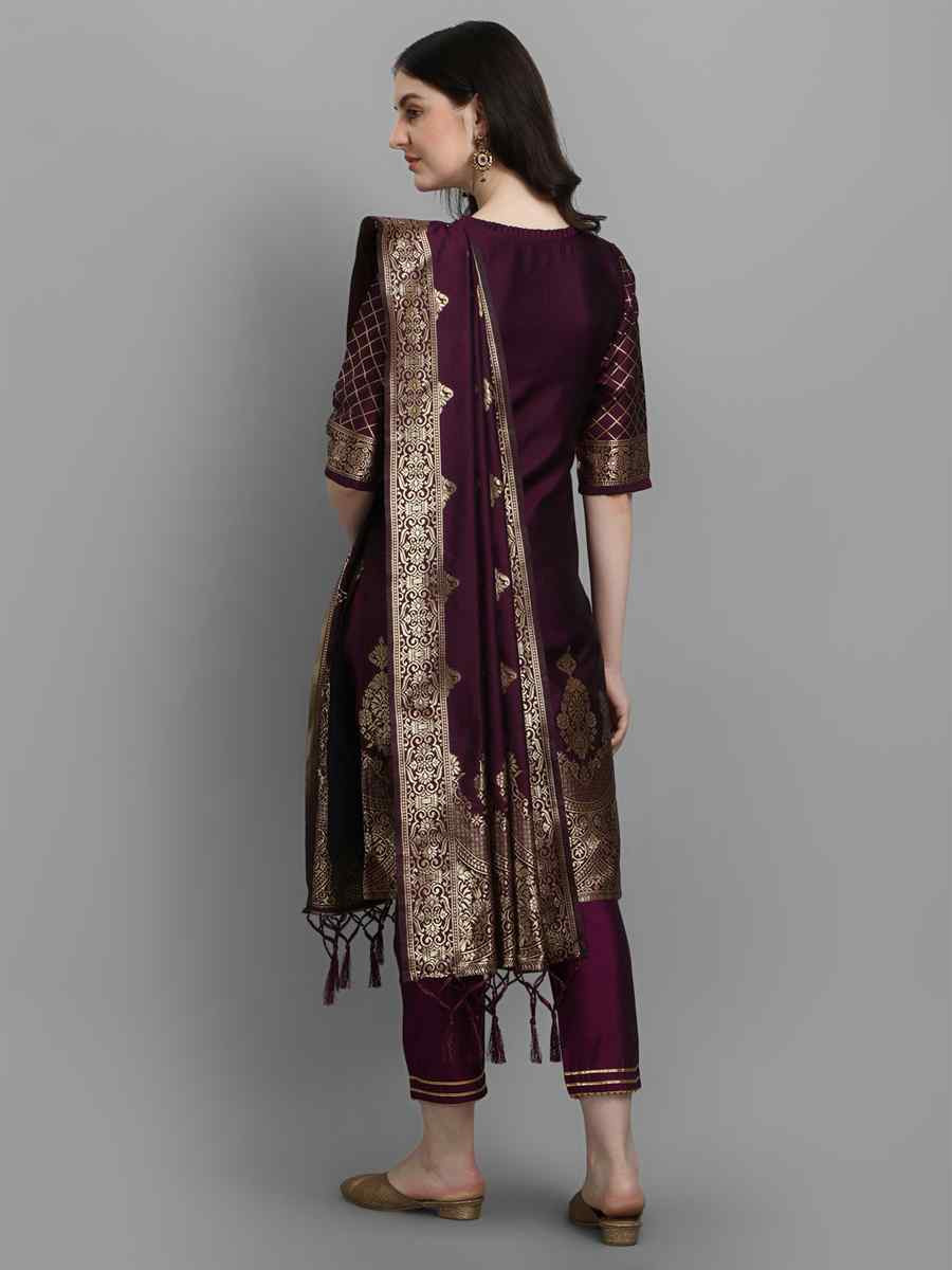 Wine Cotton Silk Jacquard Handwoven Party Wedding Festival Casual Ready Pant Salwar Kameez