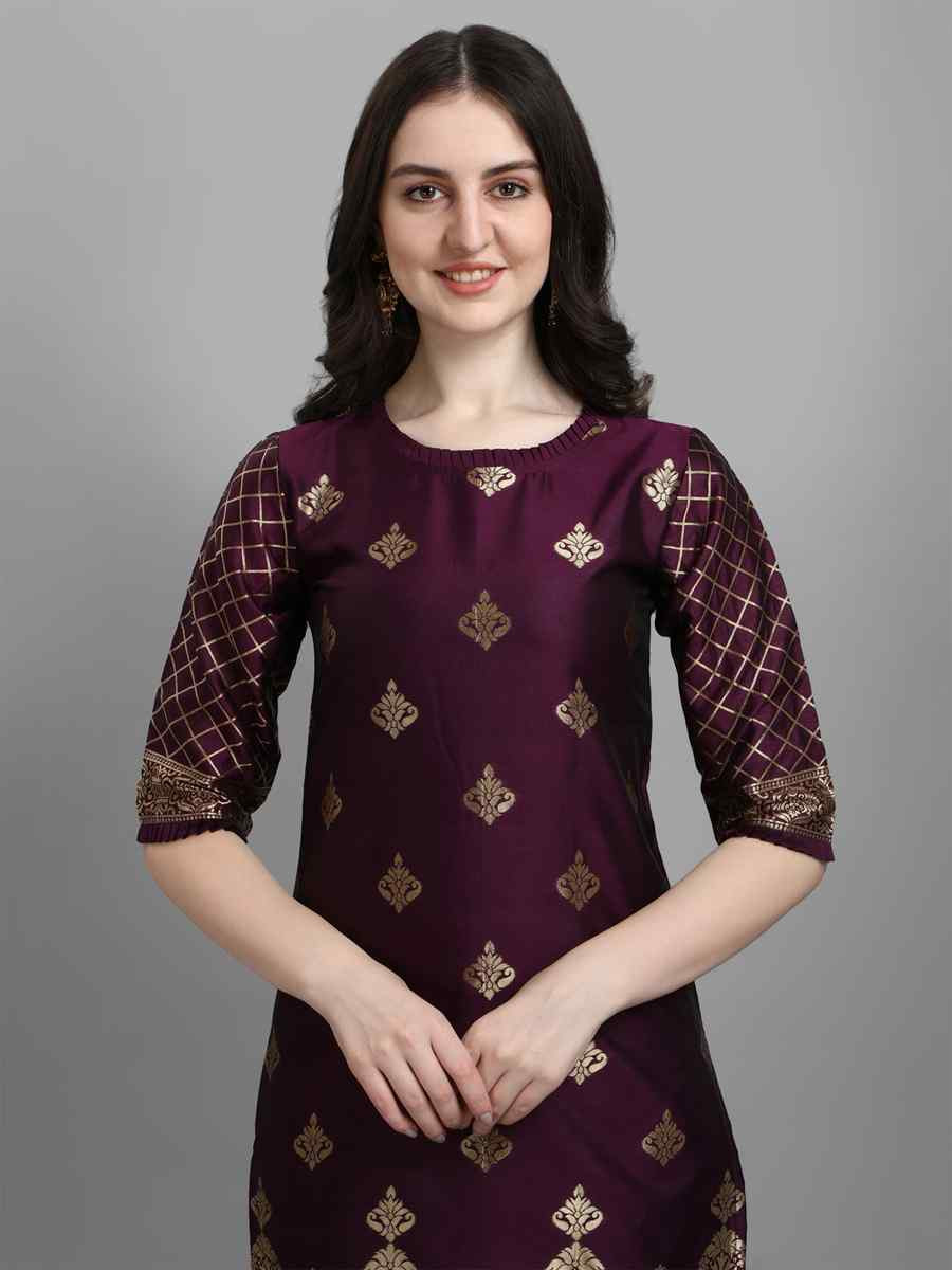 Wine Cotton Silk Jacquard Handwoven Party Wedding Festival Casual Ready Pant Salwar Kameez