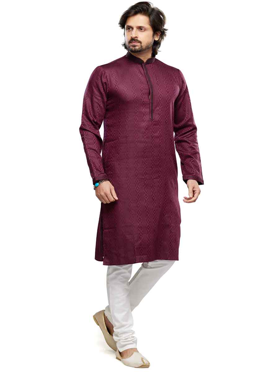 Wine Cotton Woven Festival Party Kurta