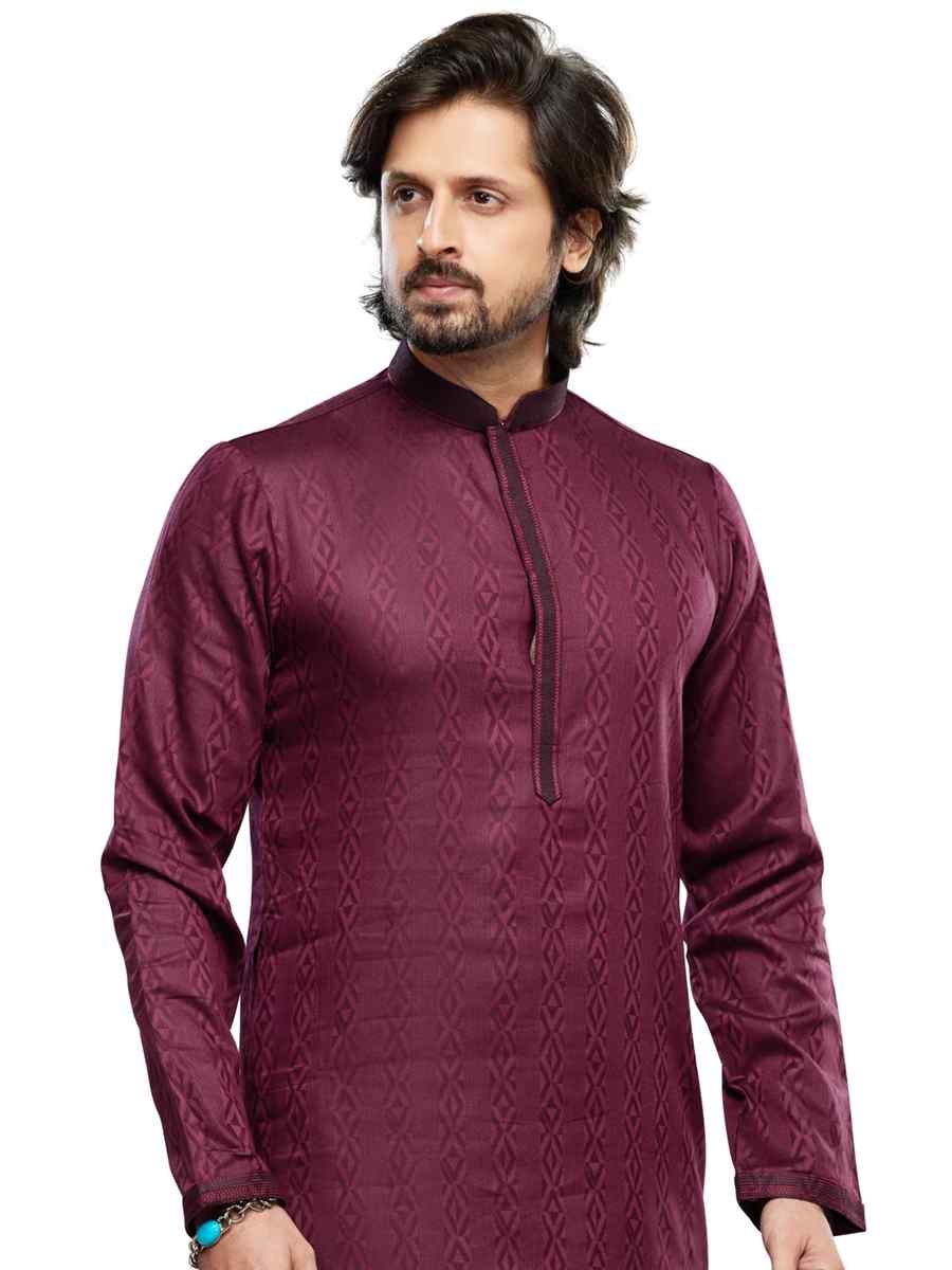 Wine Cotton Woven Festival Party Kurta