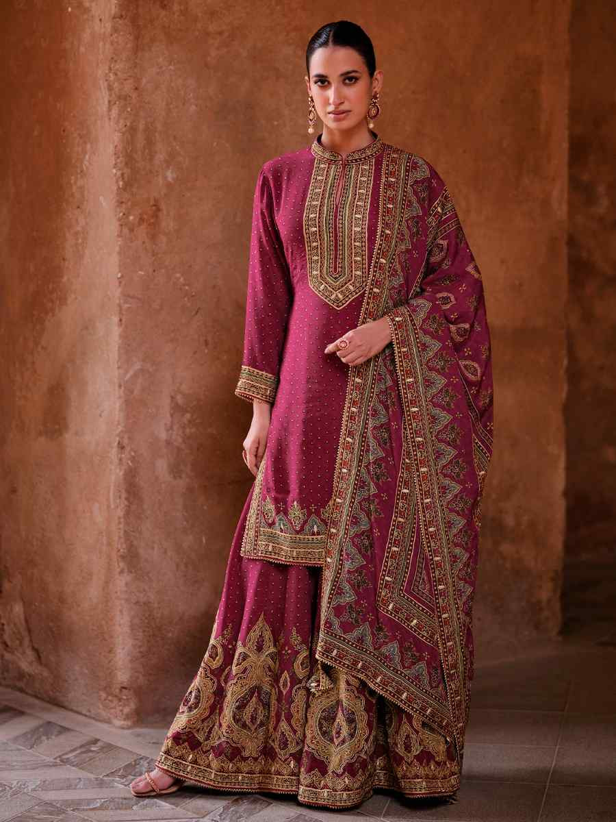 Wine Crepe Embroidered Party Wedding Ready Sharara Pant Salwar Kameez