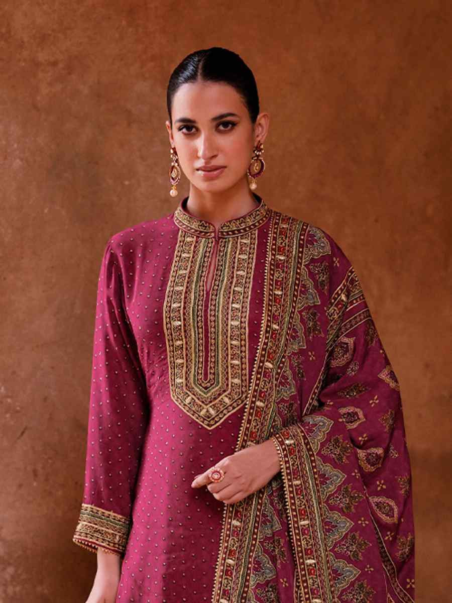 Wine Crepe Embroidered Party Wedding Ready Sharara Pant Salwar Kameez