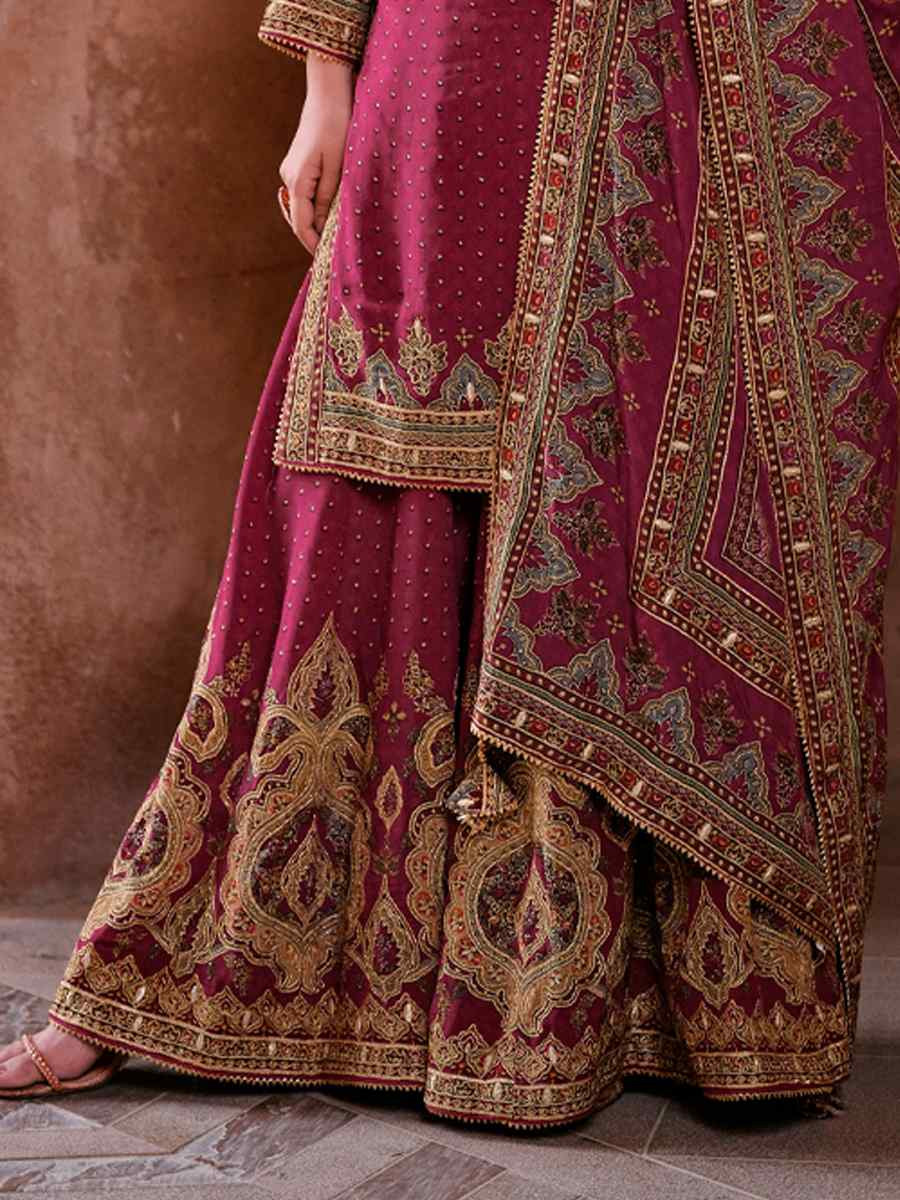 Wine Crepe Embroidered Party Wedding Ready Sharara Pant Salwar Kameez