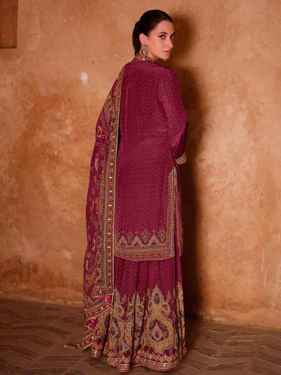 Wine Crepe Embroidered Party Wedding Ready Sharara Pant Salwar Kameez