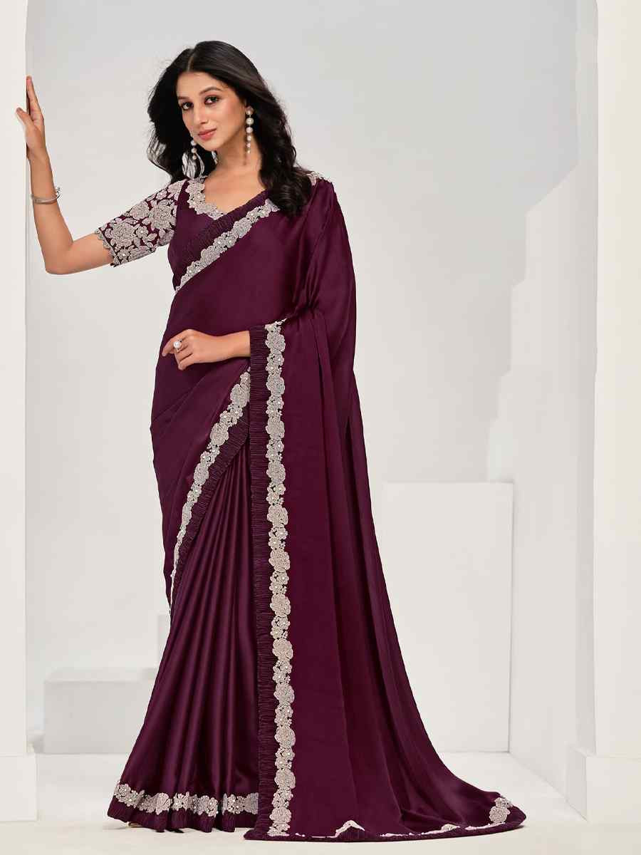 Wine Crepe Satin Silk Embroidered Festival Wedding Fancy Heavy Border Saree
