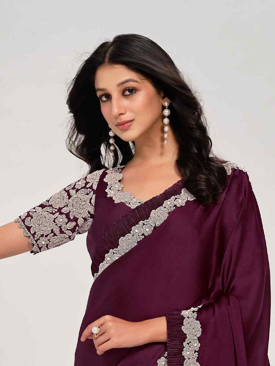 Wine Crepe Satin Silk Embroidered Festival Wedding Fancy Heavy Border Saree