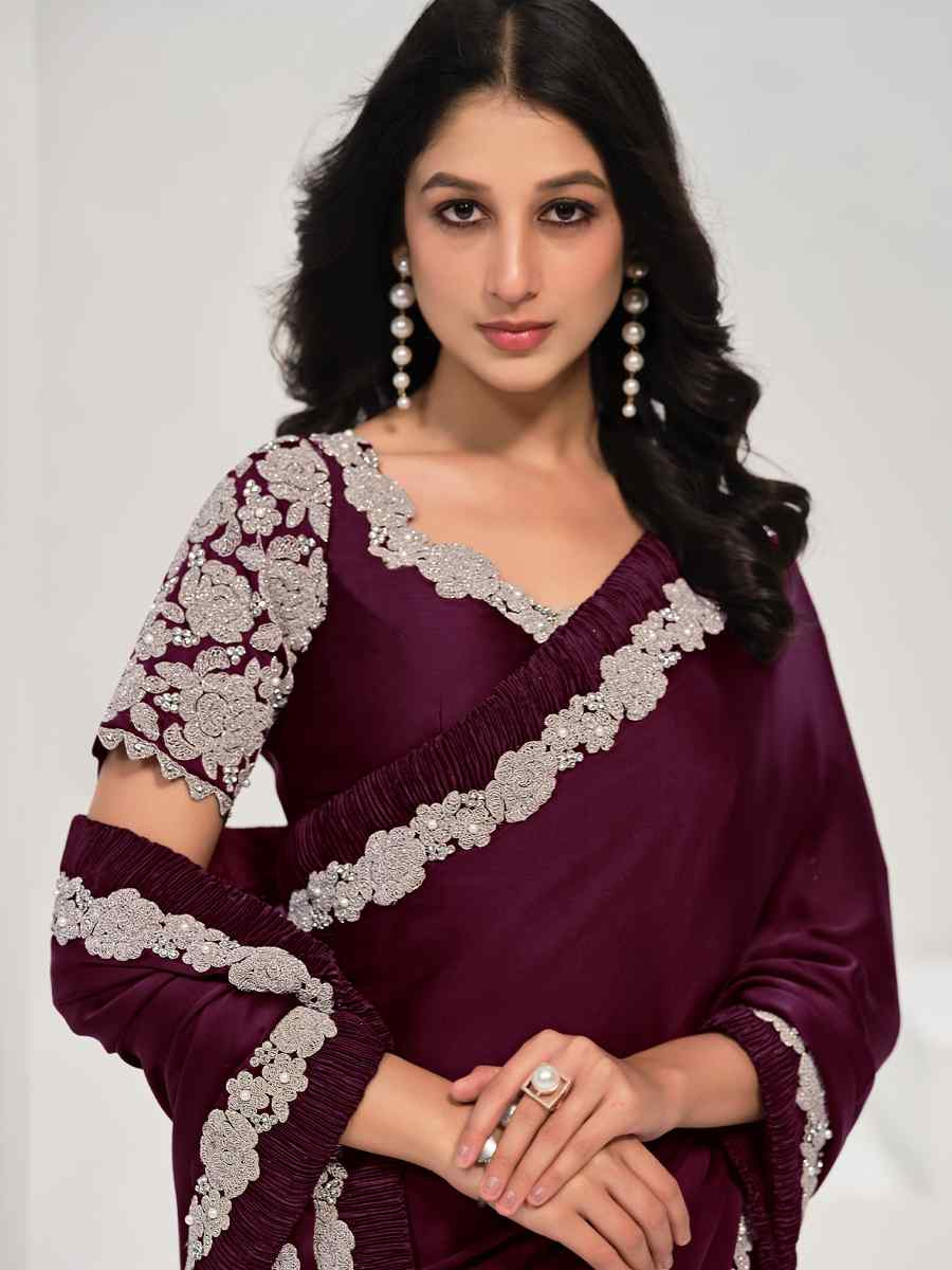 Wine Crepe Satin Silk Embroidered Festival Wedding Fancy Heavy Border Saree