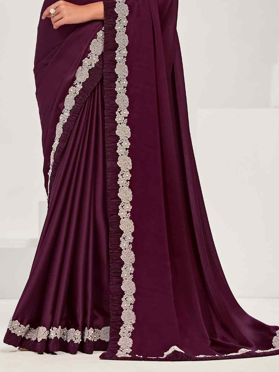 Wine Crepe Satin Silk Embroidered Festival Wedding Fancy Heavy Border Saree