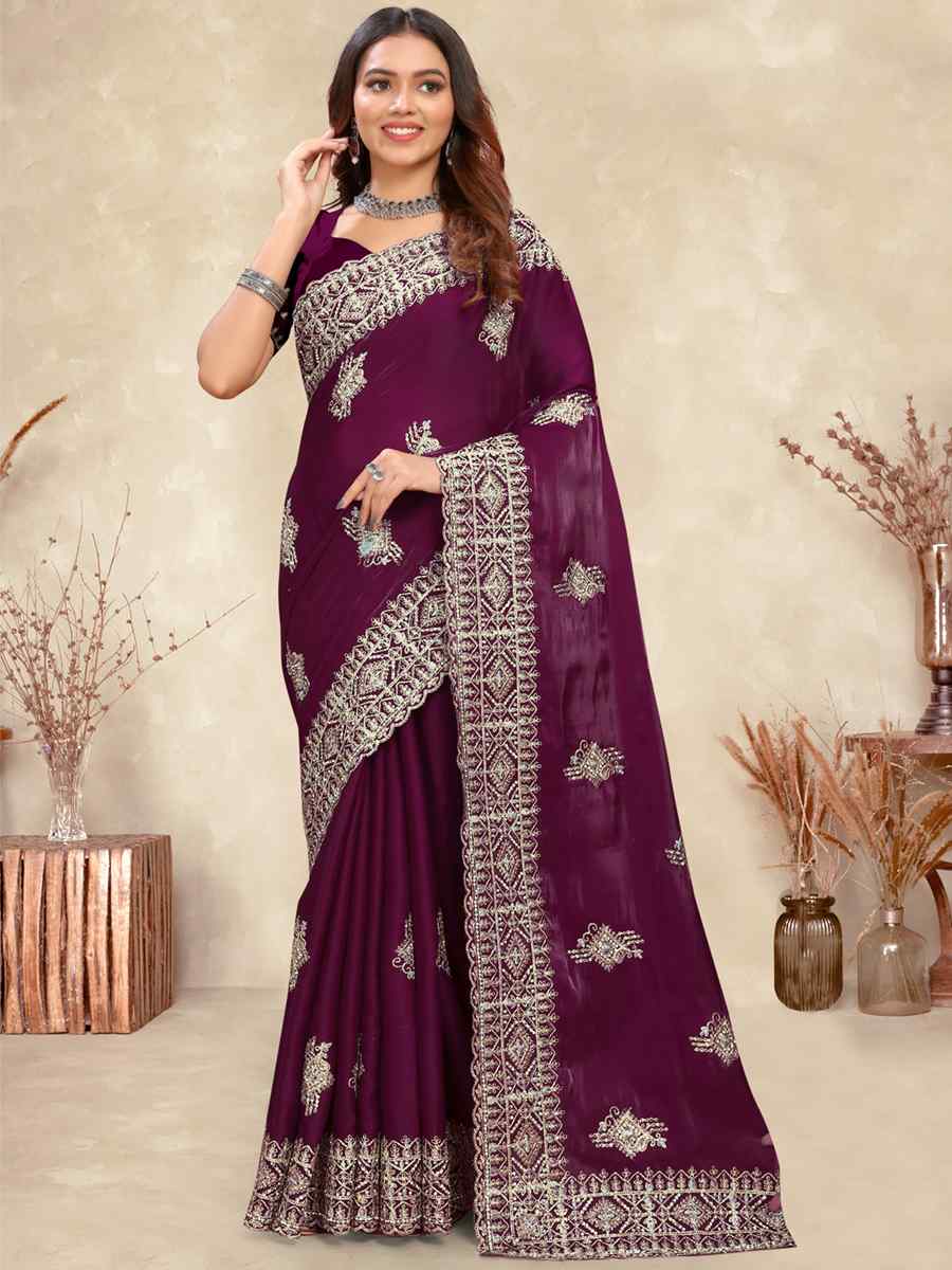 Wine Crepe Silk Embroidered Bridesmaid Wedding Heavy Border Saree