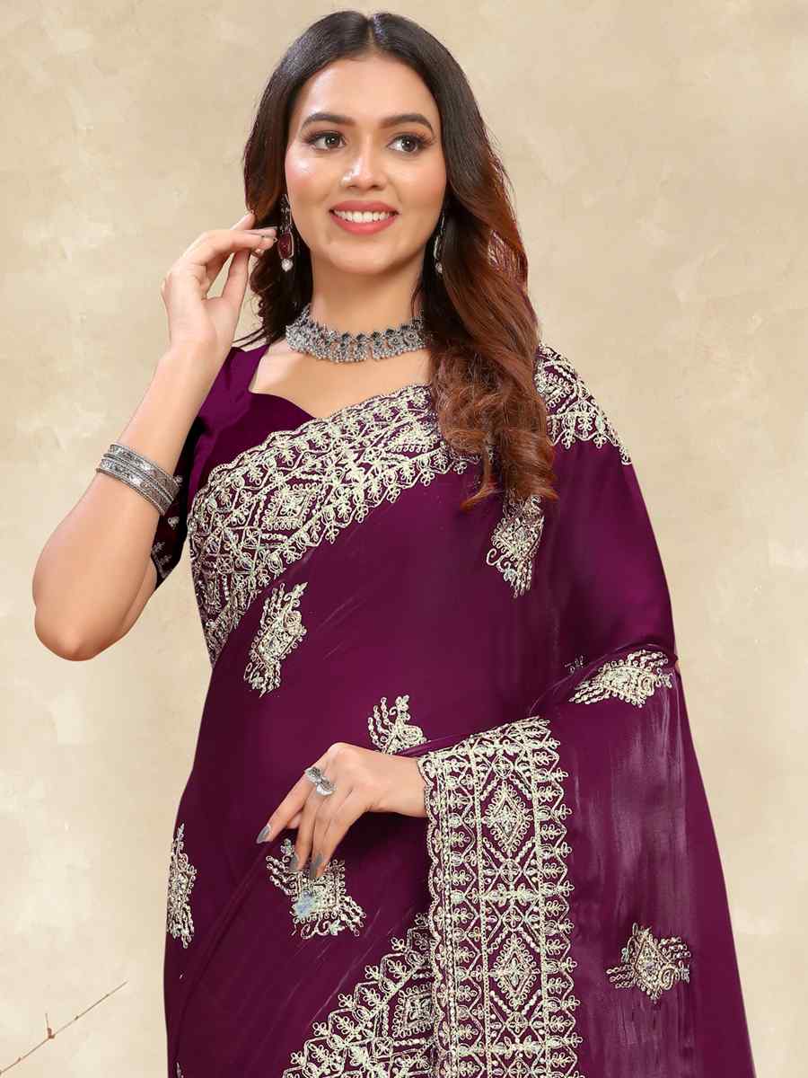 Wine Crepe Silk Embroidered Bridesmaid Wedding Heavy Border Saree