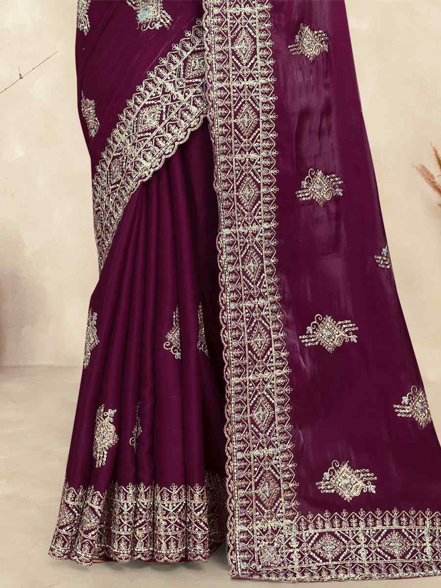 Wine Crepe Silk Embroidered Bridesmaid Wedding Heavy Border Saree