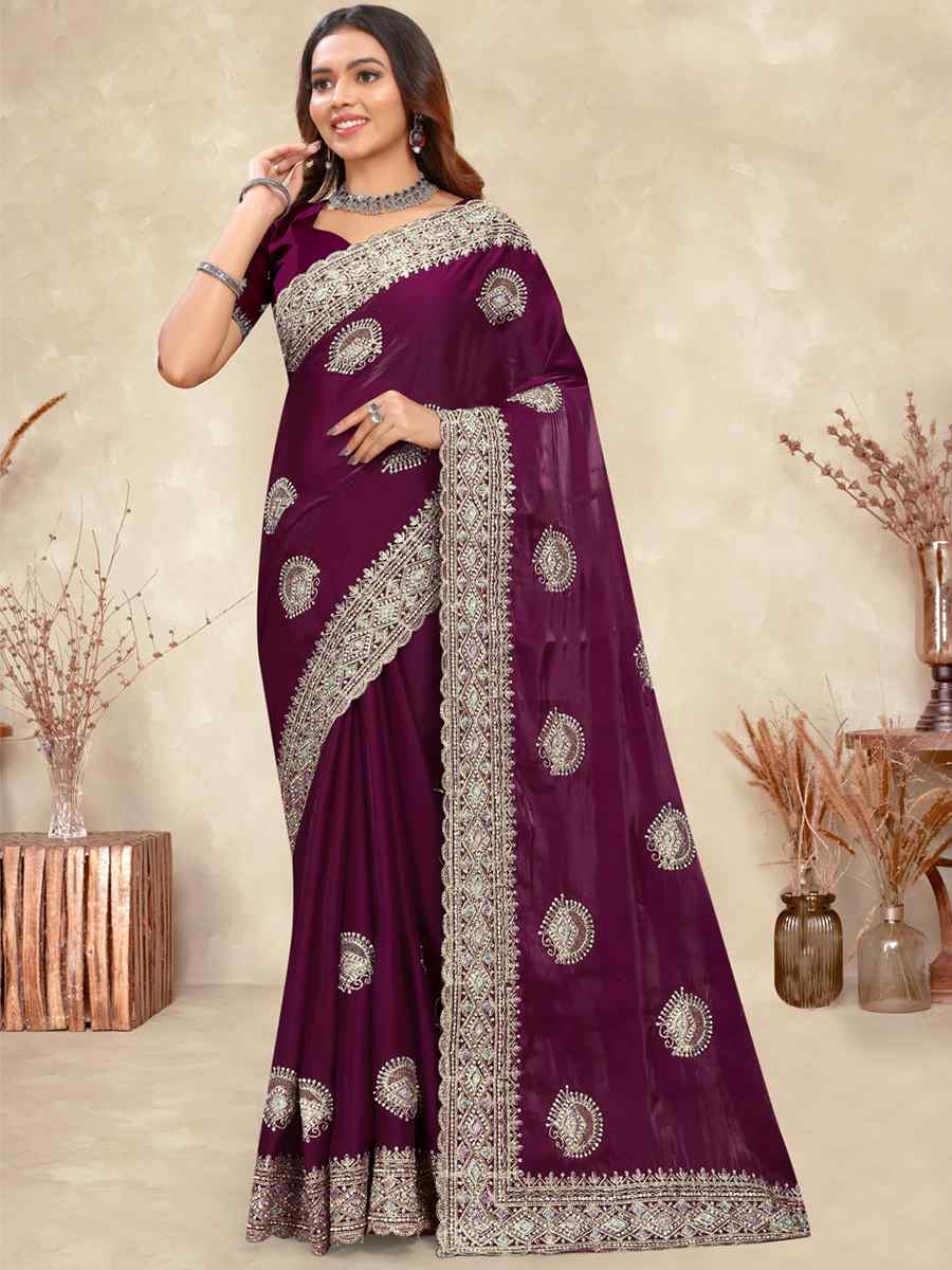 Wine Crepe Silk Embroidered Bridesmaid Wedding Heavy Border Saree