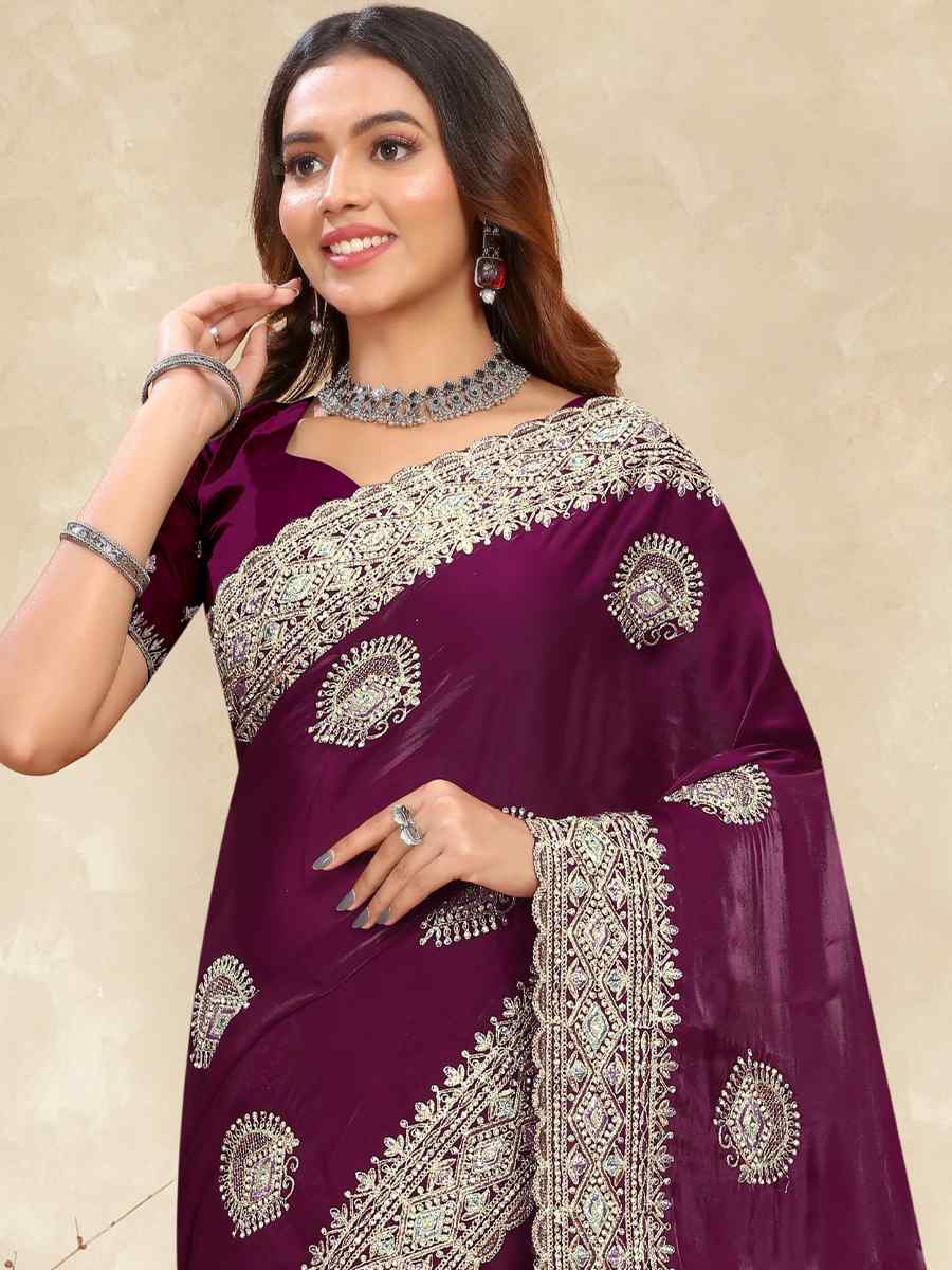 Wine Crepe Silk Embroidered Bridesmaid Wedding Heavy Border Saree