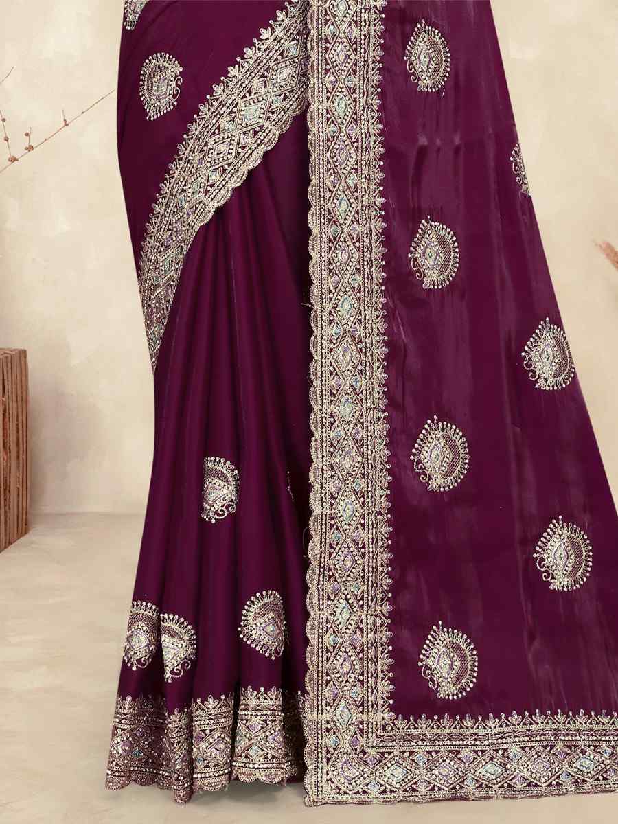 Wine Crepe Silk Embroidered Bridesmaid Wedding Heavy Border Saree