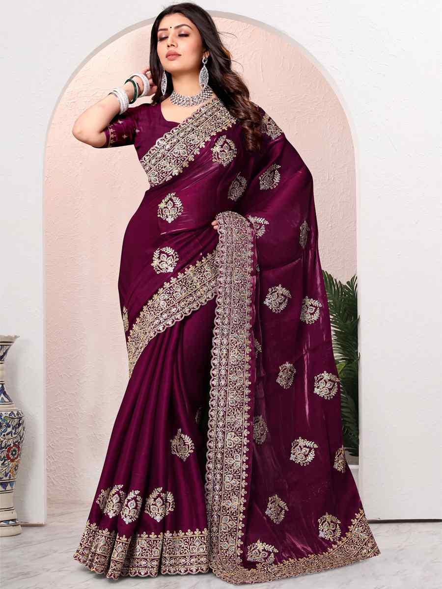 Wine Crepe Silk Embroidered Bridesmaid Wedding Heavy Border Saree