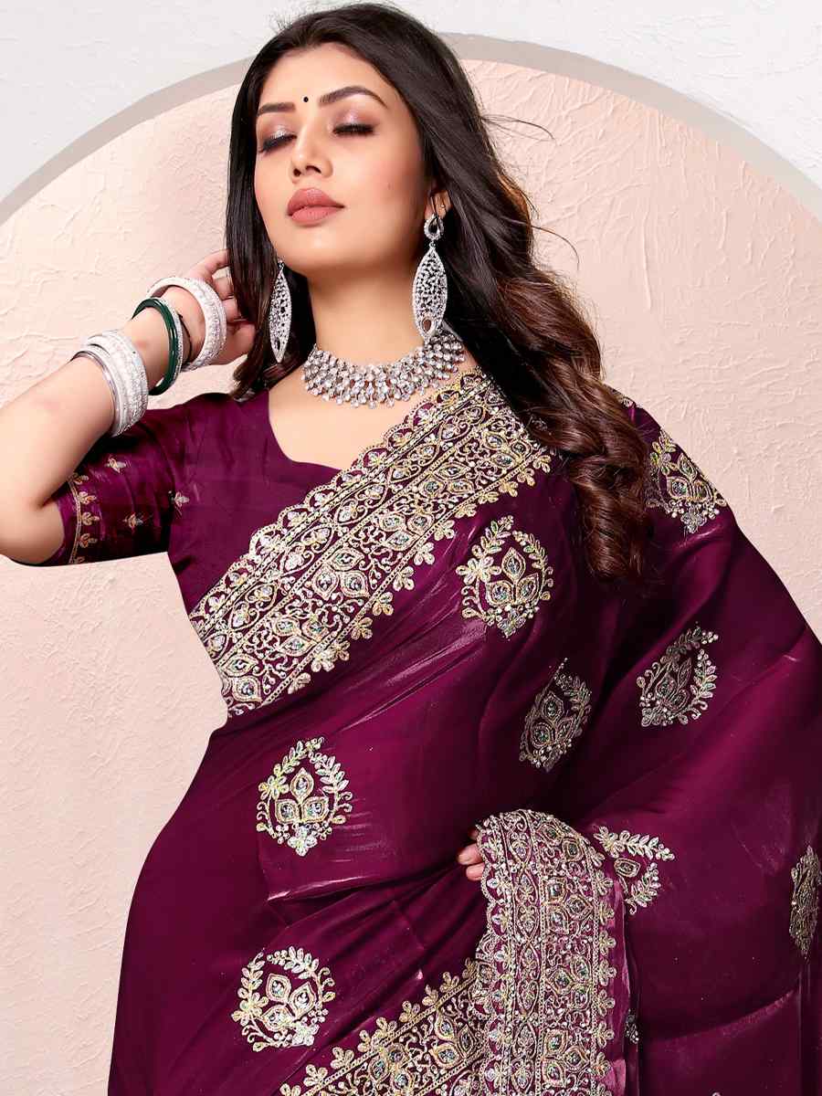 Wine Crepe Silk Embroidered Bridesmaid Wedding Heavy Border Saree