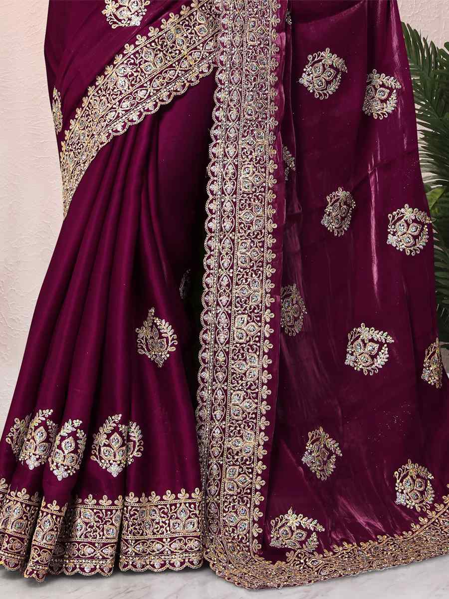 Wine Crepe Silk Embroidered Bridesmaid Wedding Heavy Border Saree