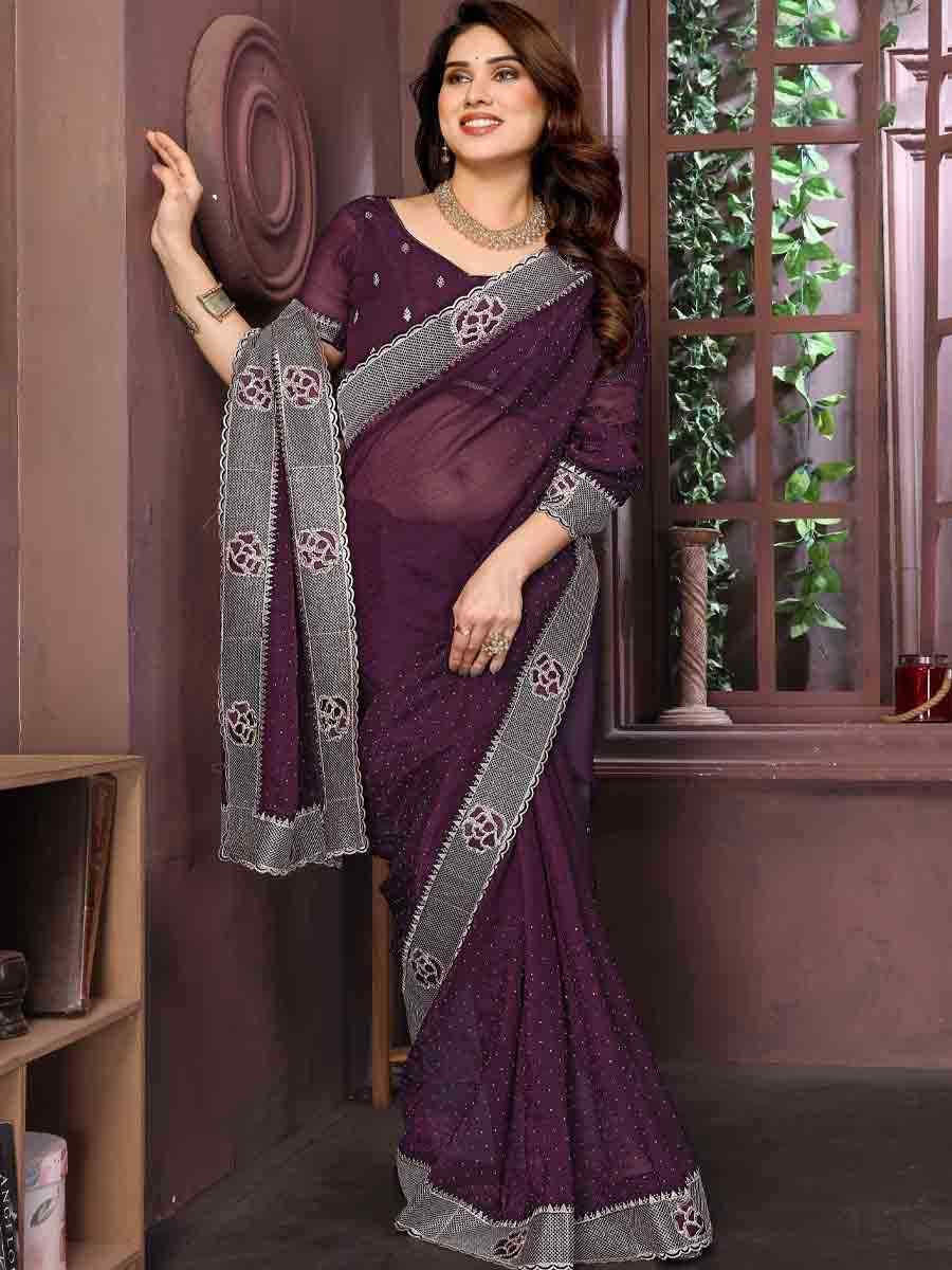 Wine Crunchy Silk Embroidered Festival Wedding Fancy Heavy Border Saree