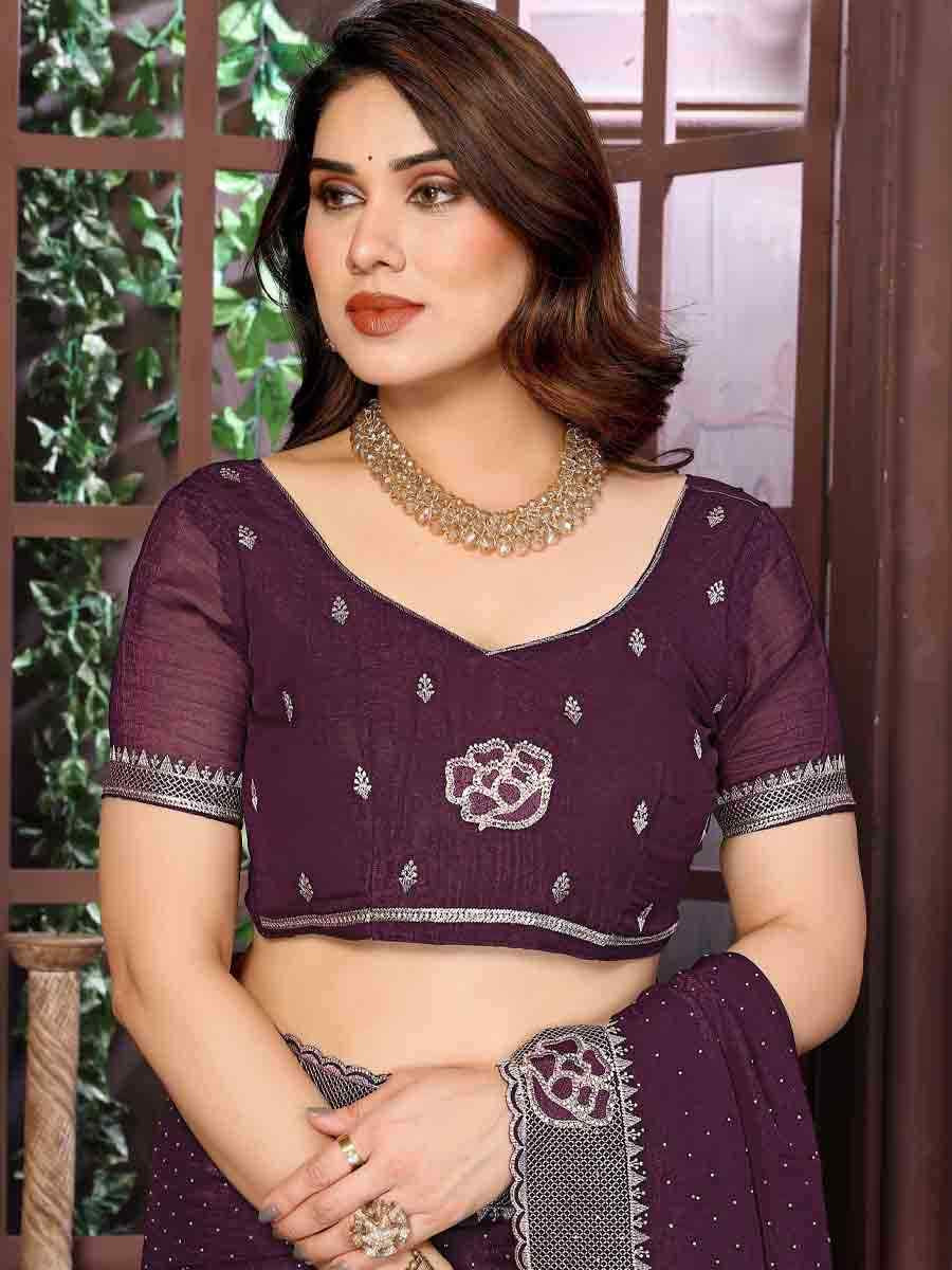 Wine Crunchy Silk Embroidered Festival Wedding Fancy Heavy Border Saree