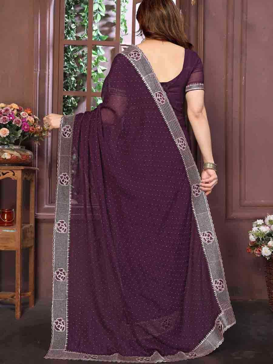Wine Crunchy Silk Embroidered Festival Wedding Fancy Heavy Border Saree