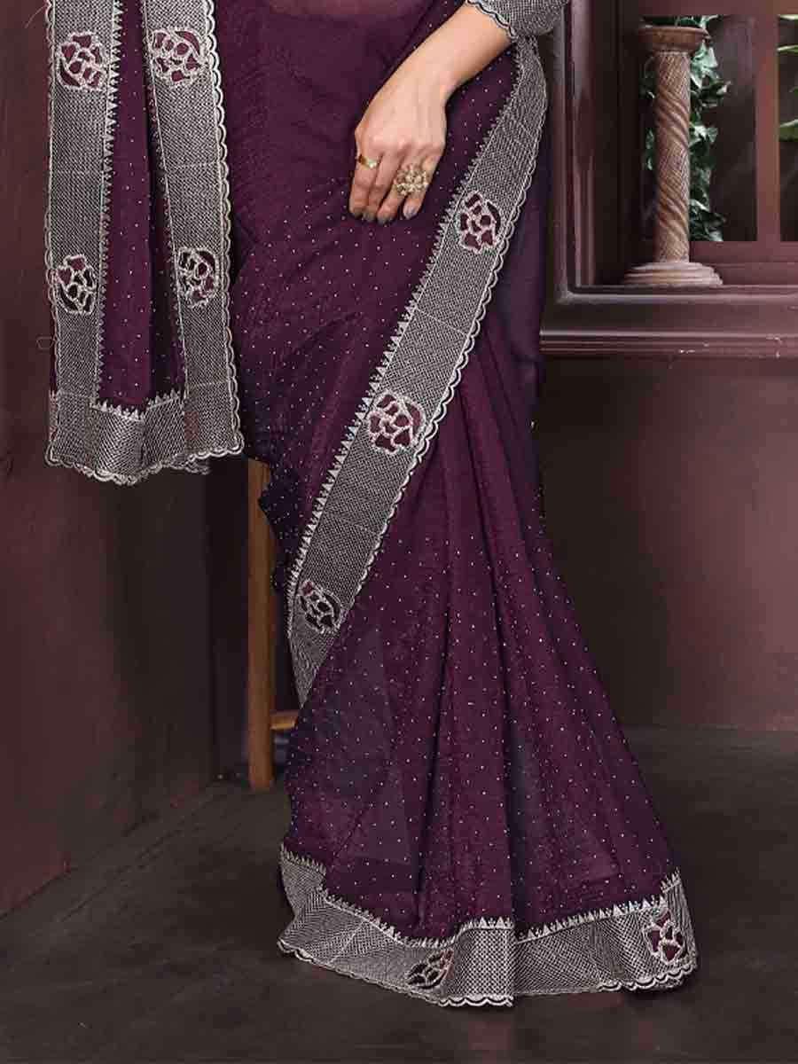 Wine Crunchy Silk Embroidered Festival Wedding Fancy Heavy Border Saree