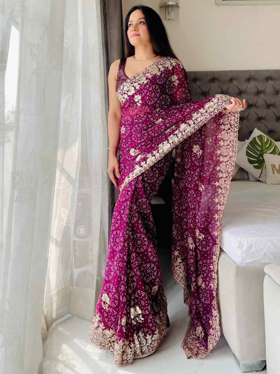 Wine Digital Georgette Embroidered Festival Wedding Fancy Heavy Border Saree