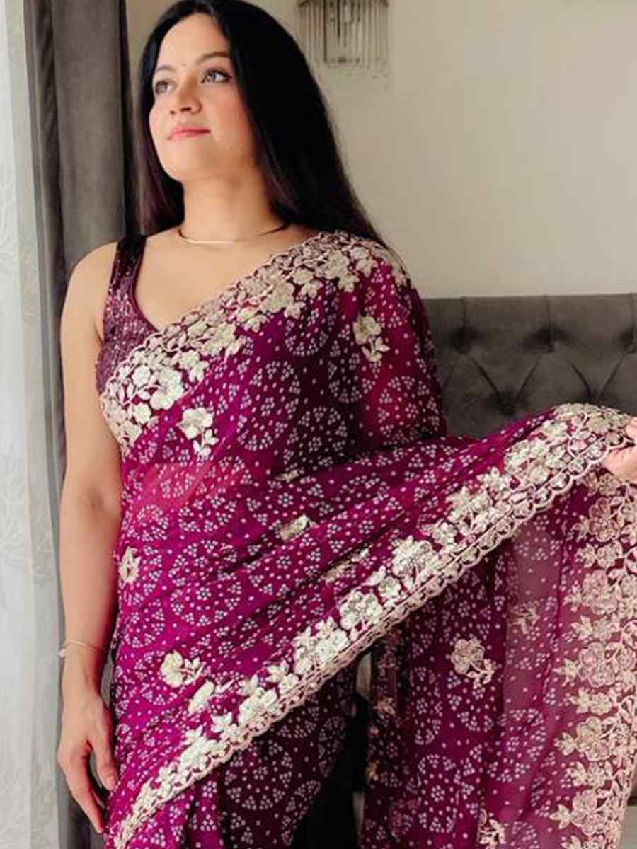 Wine Digital Georgette Embroidered Festival Wedding Fancy Heavy Border Saree