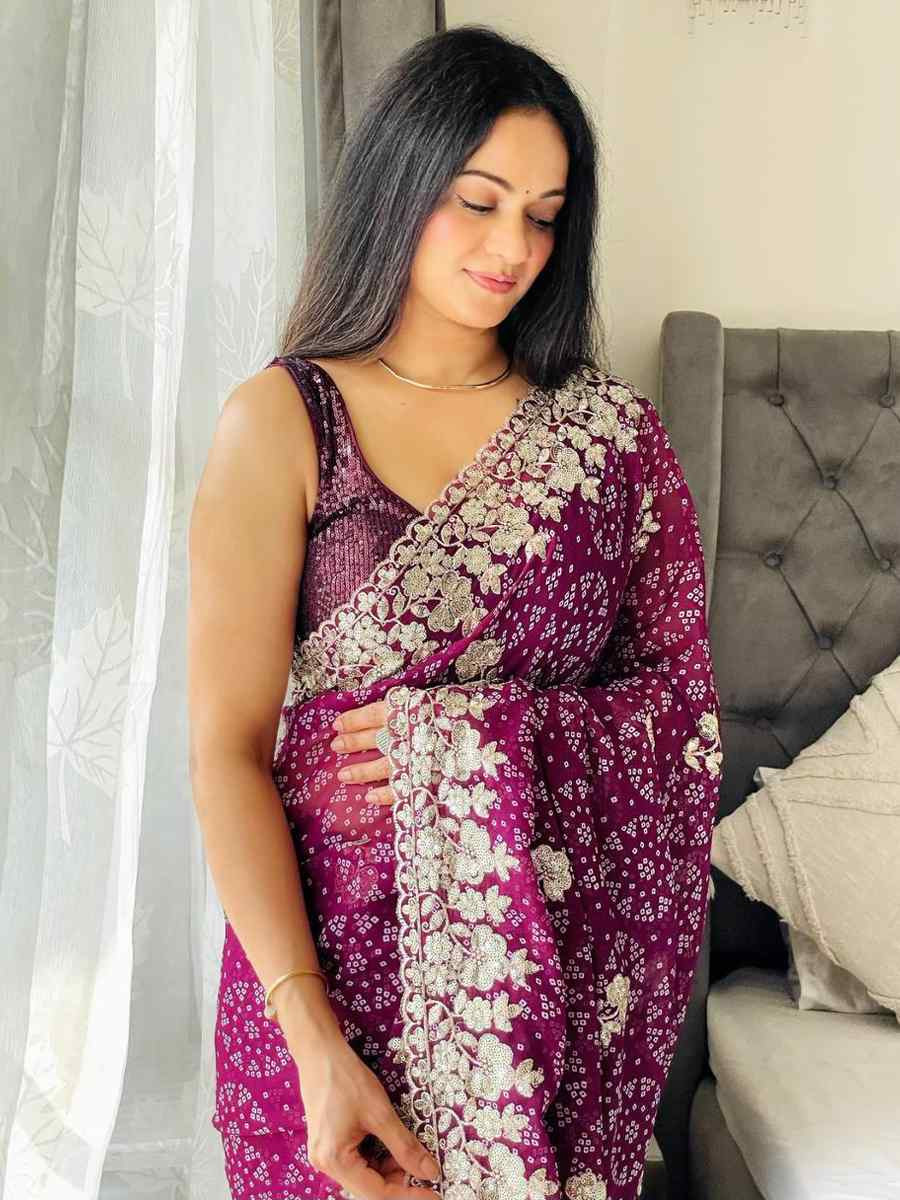 Wine Digital Georgette Embroidered Festival Wedding Fancy Heavy Border Saree