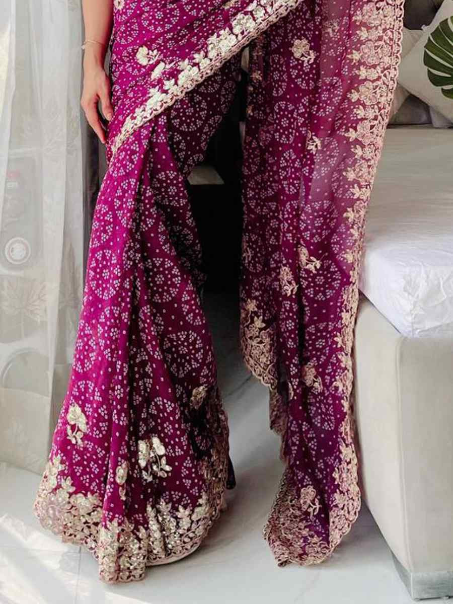 Wine Digital Georgette Embroidered Festival Wedding Fancy Heavy Border Saree